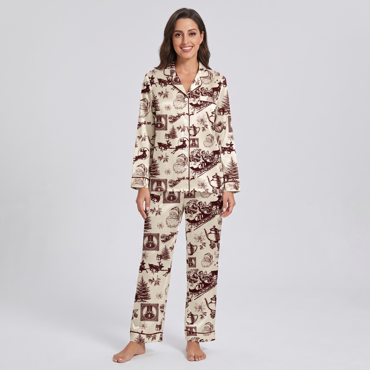 Brown Toile Santa Sleigh Women's Pajama Set - long sleeve and pants
