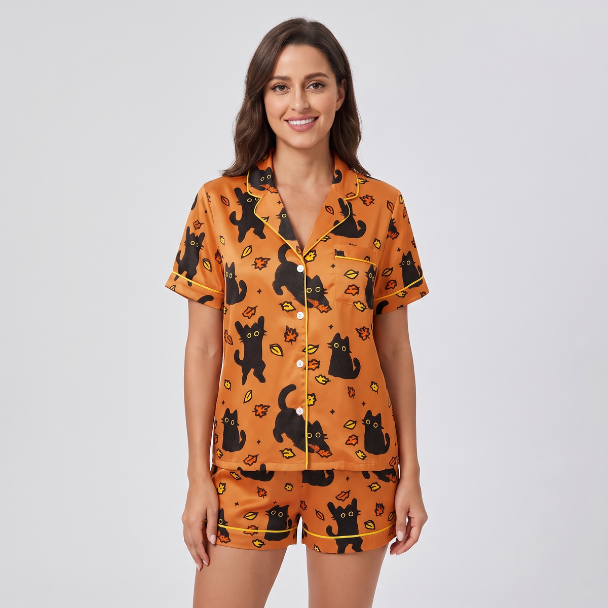 Autumn Leaf Cats Women's Pajama Set - short sleeve and shorts