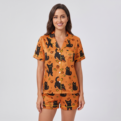 Autumn Leaf Cats Women's Pajama Set - short sleeve and shorts