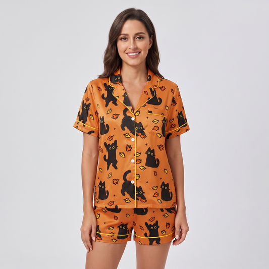 Autumn Leaf Cats Women's Pajama Set - short sleeve and shorts