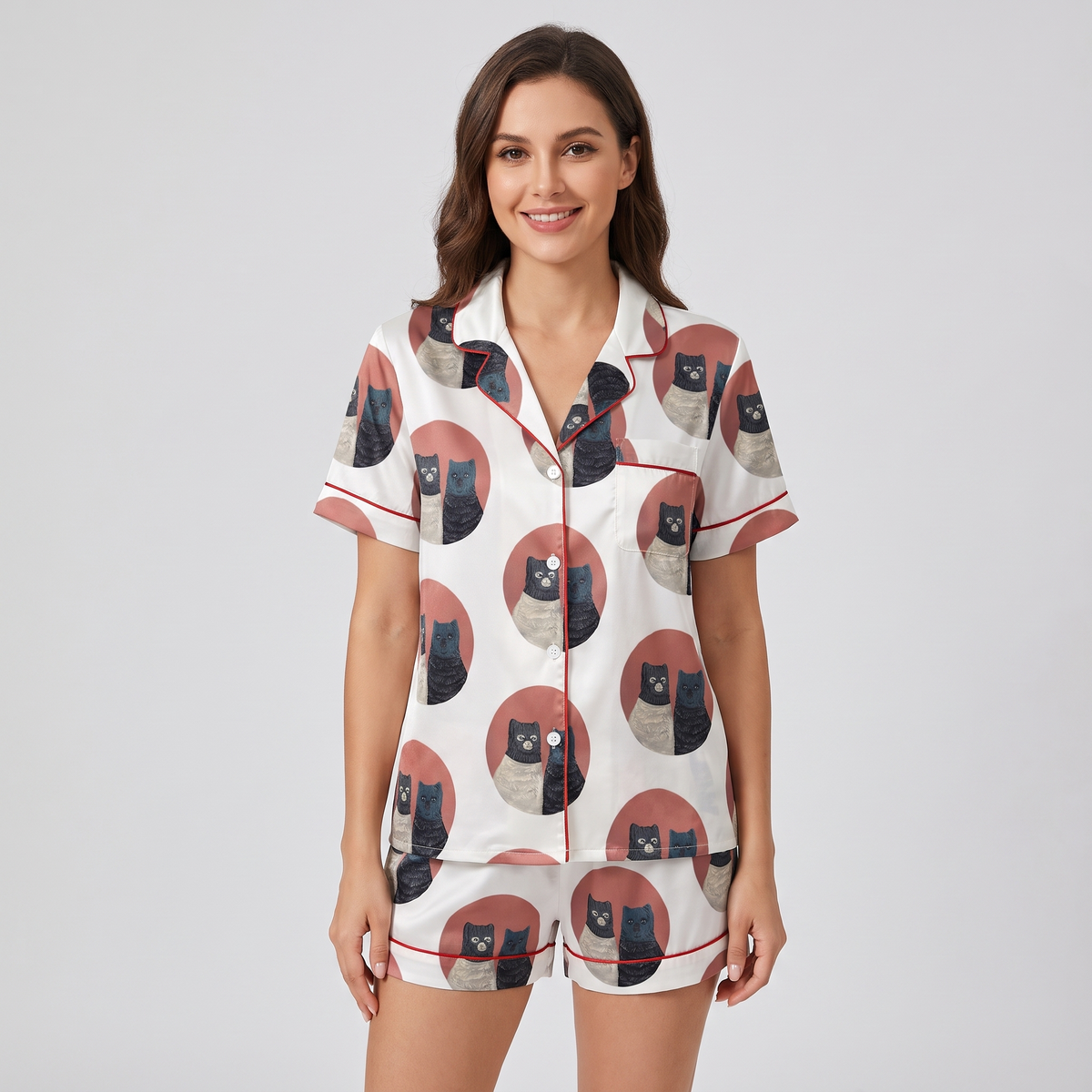 Twin Cat Portraits Women's Pajama Set - short sleeve and shorts