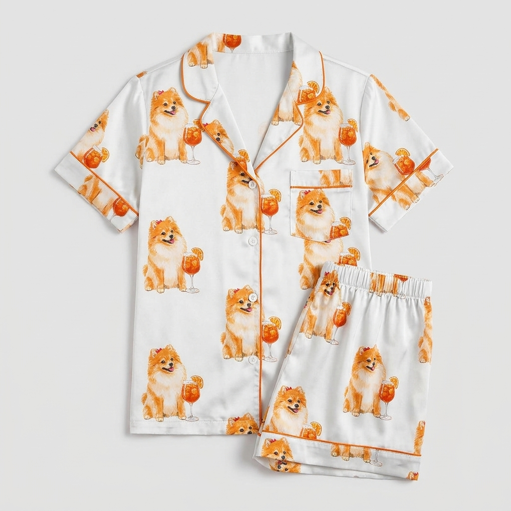 Women's satin pajama set with Pomeranians beside orange spritz cocktails on white with orange piping - flat lay