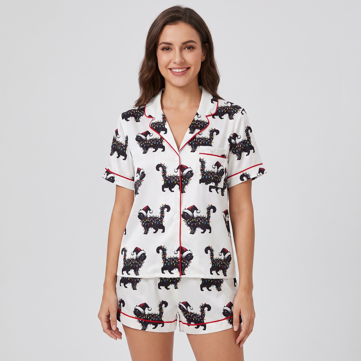 Black Cat Christmas Lights Women's Pajama Set - short sleeve and shorts