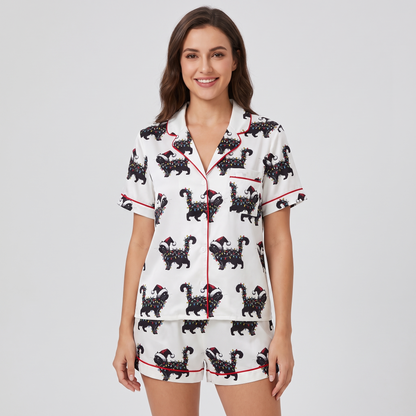 Black Cat Christmas Lights Women's Pajama Set - short sleeve and shorts