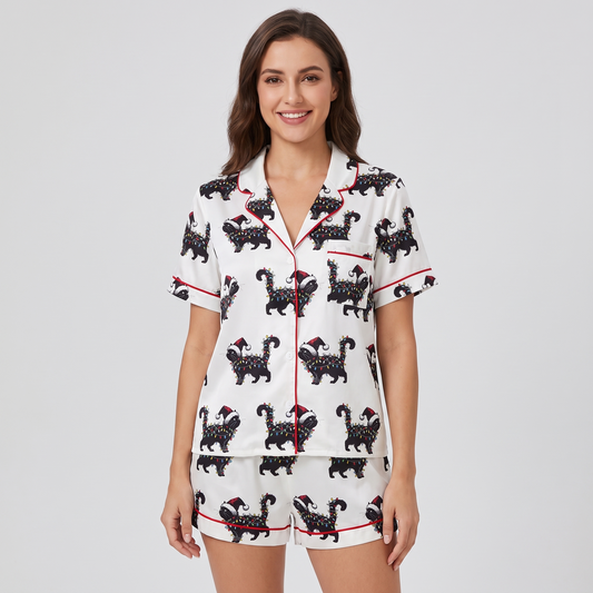 Black Cat Christmas Lights Women's Pajama Set - short sleeve and shorts