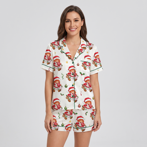 Retro Christmas Dolls Women's Pajama Set - short sleeve and shorts