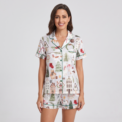 Tiny Watercolor Village Women's Pajama Set - short sleeve and shorts
