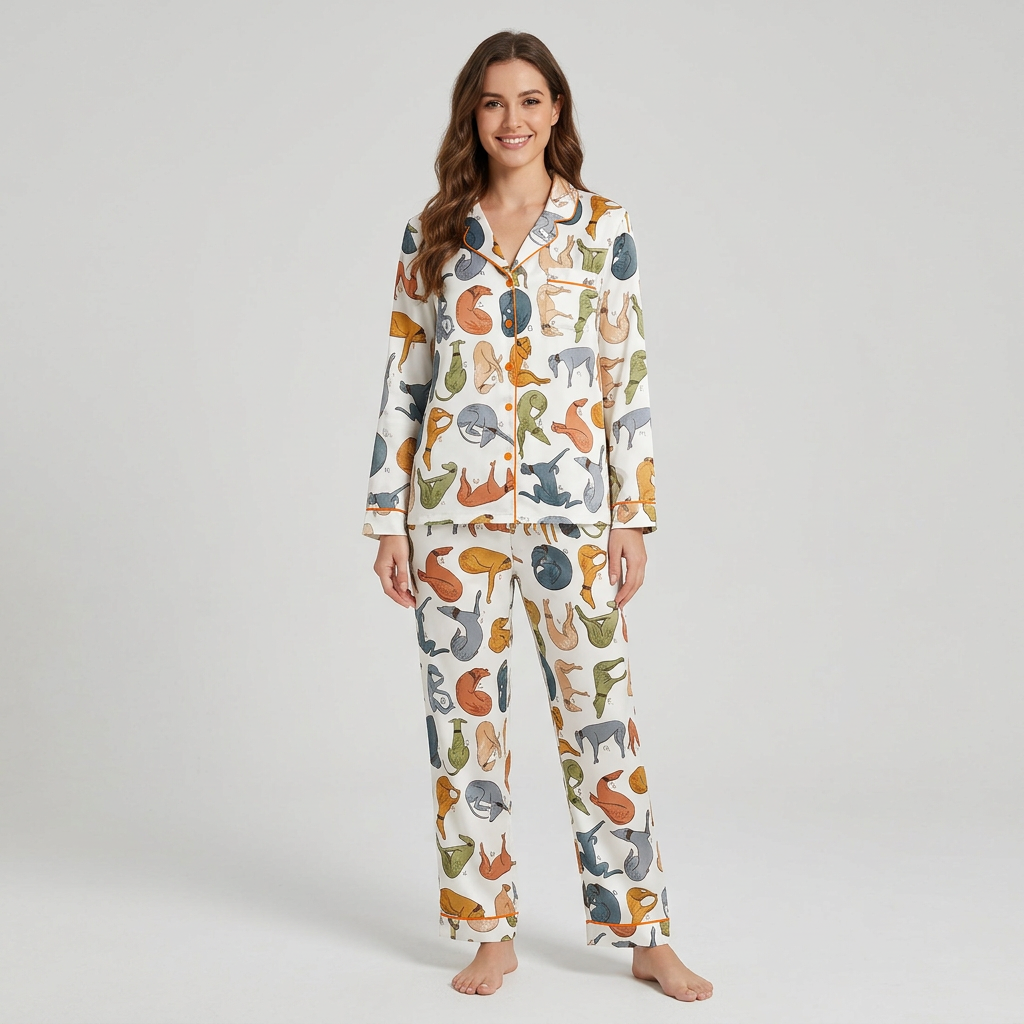 Women's satin pajama set with sleeping greyhounds and whippets in rust, slate and olive on white - long sleeve and pants