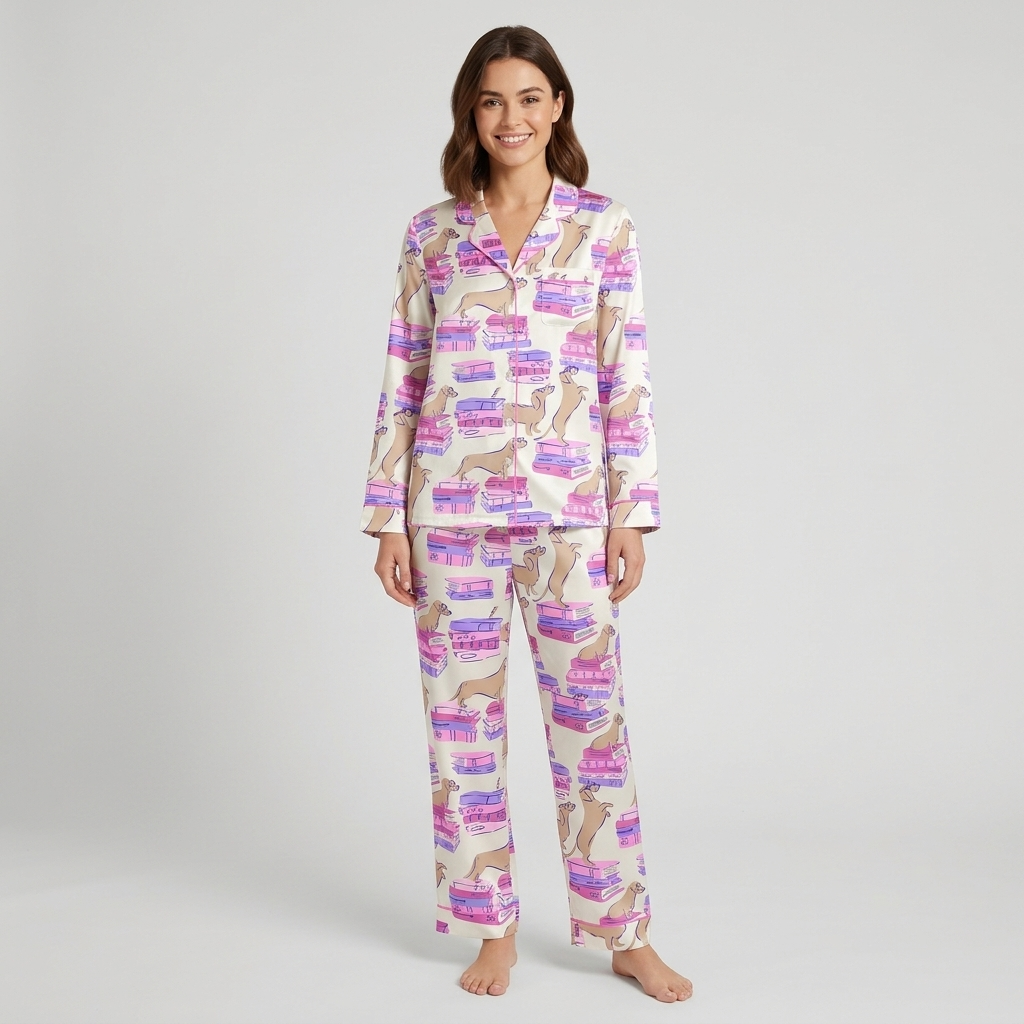 Women's satin pajama set with tan dachshunds sprawled on stacks of pink and purple books on white - long sleeve and pants