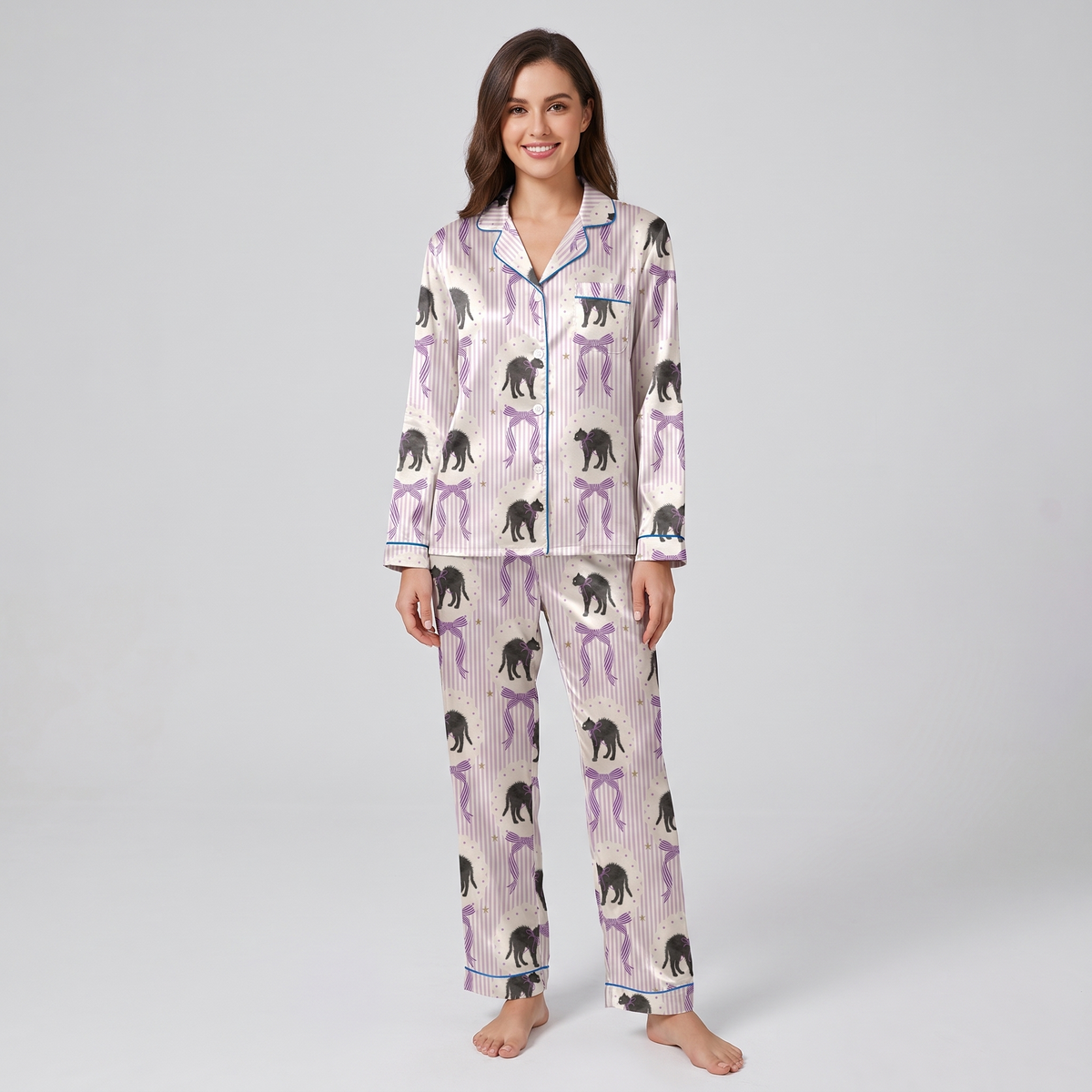 Purple Bow Black Cats Women's Pajama Set - long sleeve and pants
