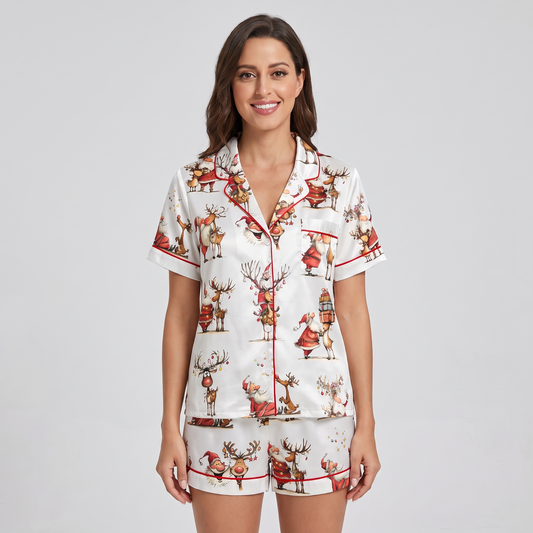 Santa & His Reindeer Women's Pajama Set - short sleeve and shorts