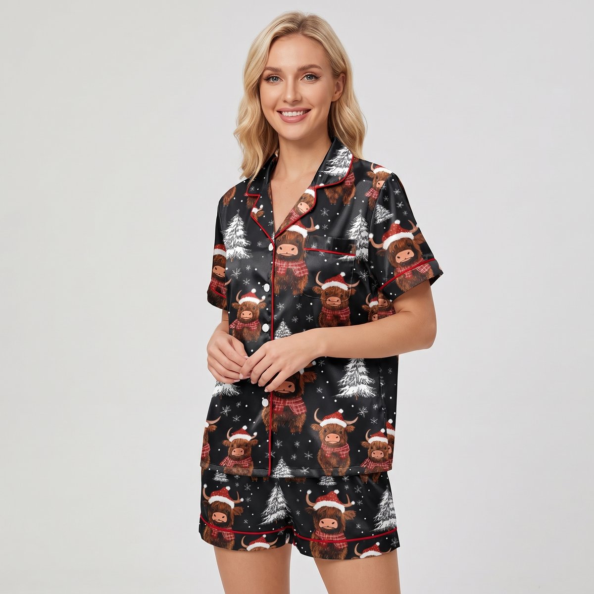 Midnight Highland Cows Women's Pajama Set - short sleeve and shorts