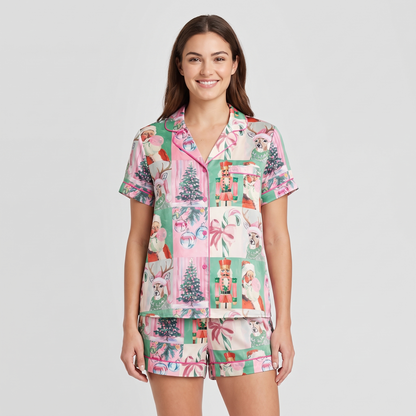 Playful Santa Patchwork Women's Pajama Set - short sleeve and shorts