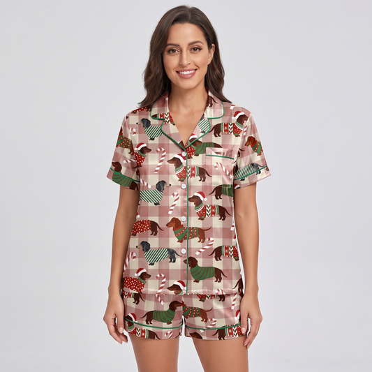 Dachshund Plaid Women's Pajama Set - short sleeve and shorts