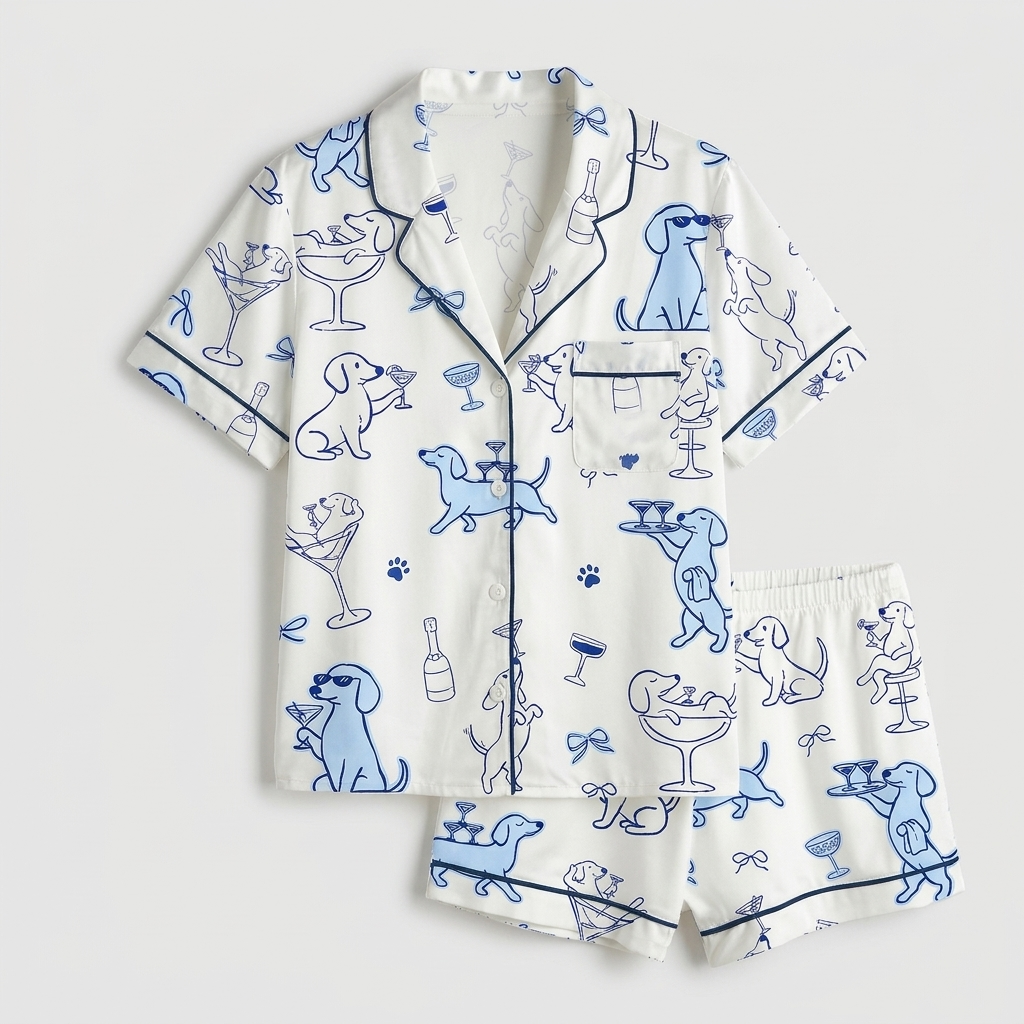 Women's satin pajama set with blue dachshunds in sunglasses toasting with martinis and champagne on white - flat lay