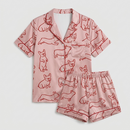 Women's satin pajama set with red line-art French bulldogs on dusty pink - flat lay