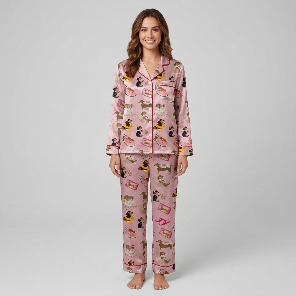 Dachshund Summer Day Women's Pajama Set - Pink long sleeve and pants