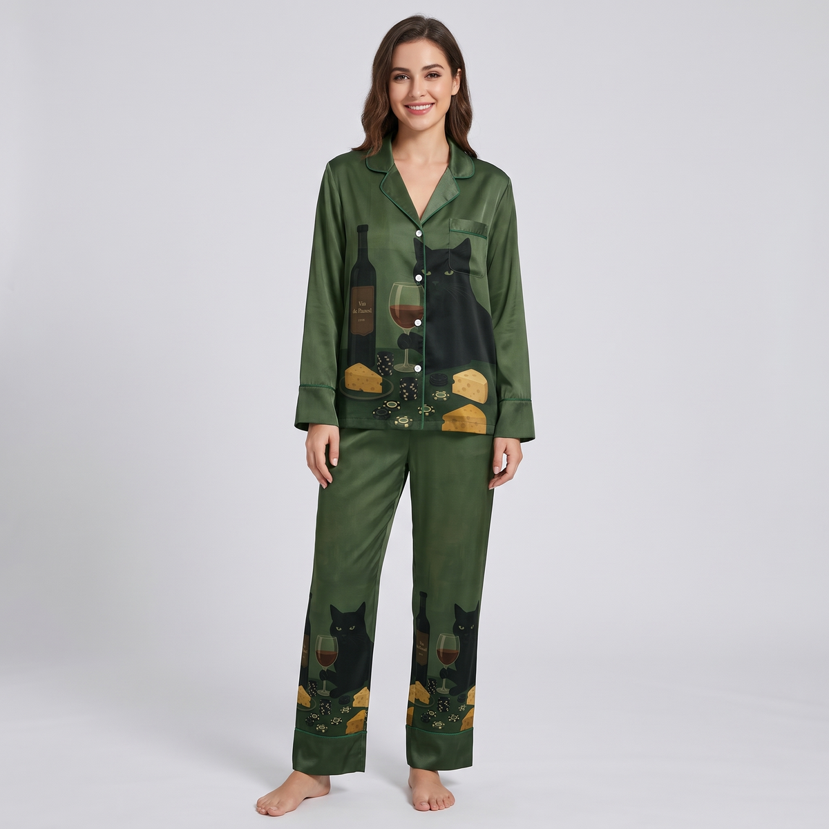 Wine and Cheese Cat Women's Pajama Set - long sleeve and pants