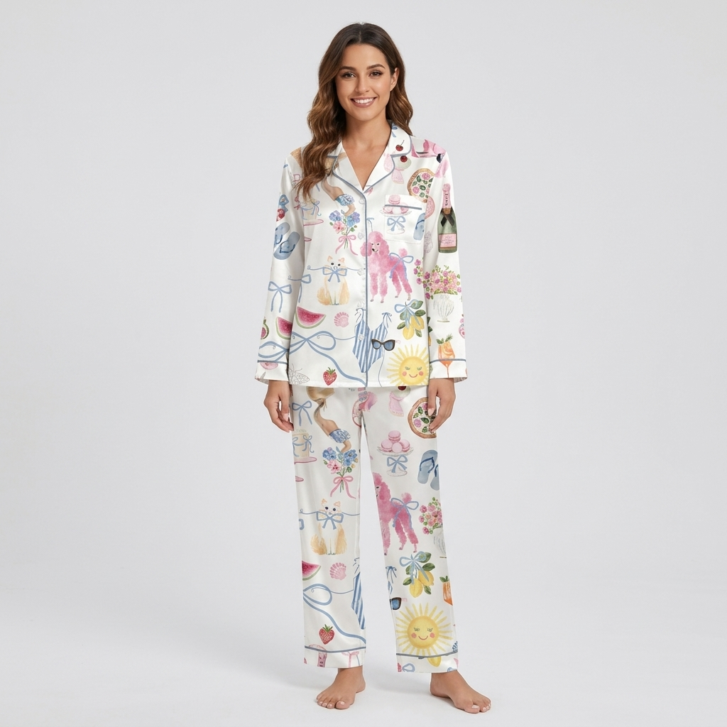 Women's satin pajama set with a pink poodle among spritz glasses, lemons and a smiling sun on white - long sleeve and pants