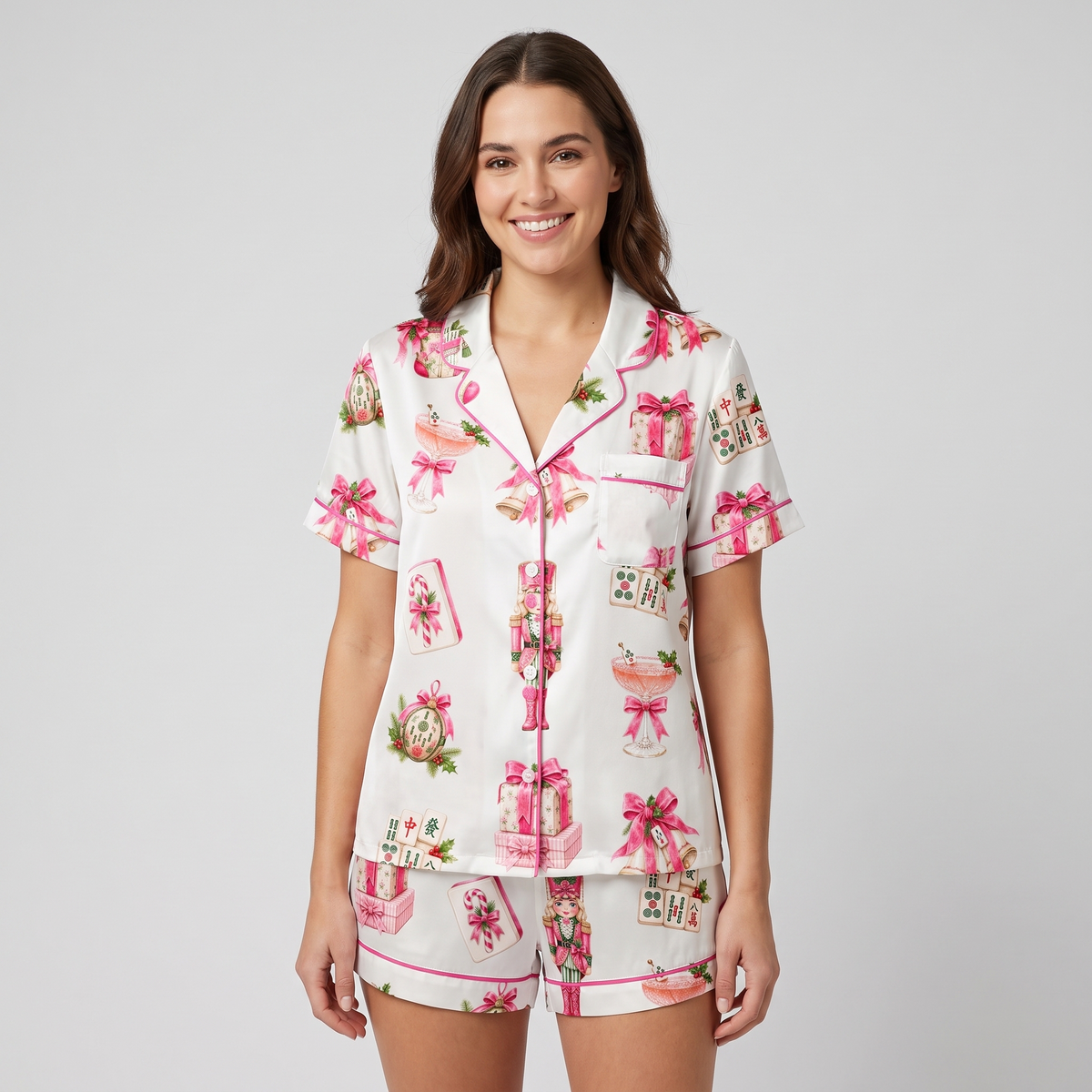 Pink Mahjong Cocktail Party Women's Pajama Set - short sleeve and shorts