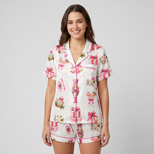 Pink Mahjong Cocktail Party Women's Pajama Set - short sleeve and shorts