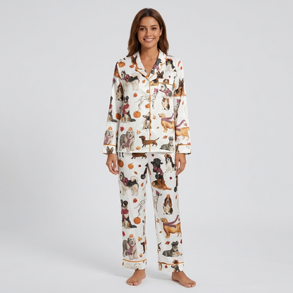 Women's satin pajama set with German shepherds, bassets, dalmatians and goldens with pumpkins and scarves on white - long sleeve and pants
