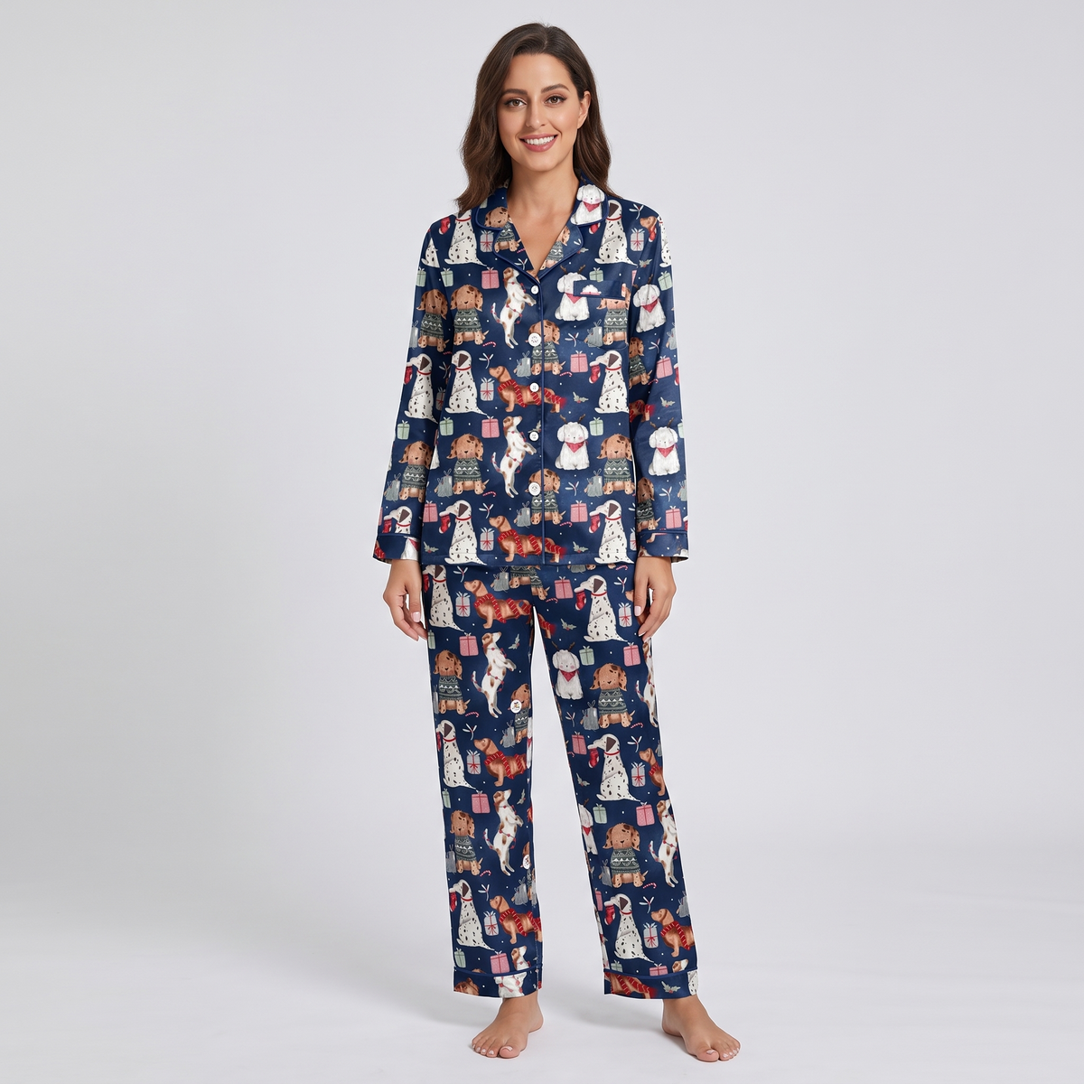 Navy Christmas Dogs Women's Pajama Set - long sleeve and pants
