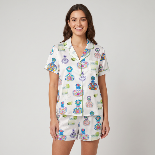 Tequila Bottles & Limes Women's Pajama Set - short sleeve and shorts