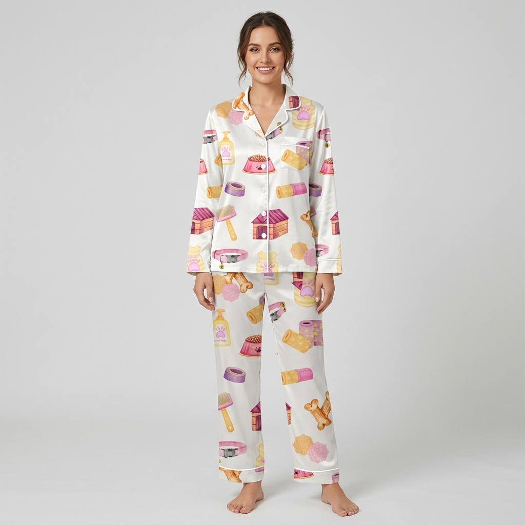 Women's satin pajama set printed DOG MOM with bones, treats, bowls and a pink doghouse on white - long sleeve and pants