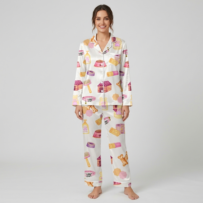 Women's satin pajama set printed DOG MOM with bones, treats, bowls and a pink doghouse on white - long sleeve and pants