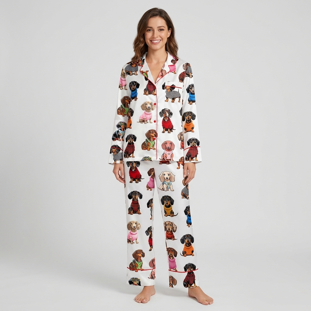 Women's long-sleeve satin pajama set with dachshund portraits in red, orange, blue and pink knits on white - long sleeve and pants