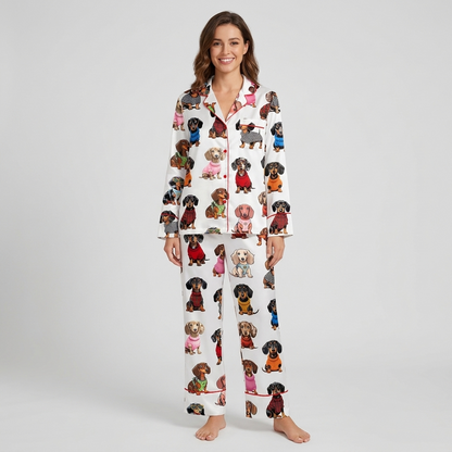 Women's long-sleeve satin pajama set with dachshund portraits in red, orange, blue and pink knits on white - long sleeve and pants