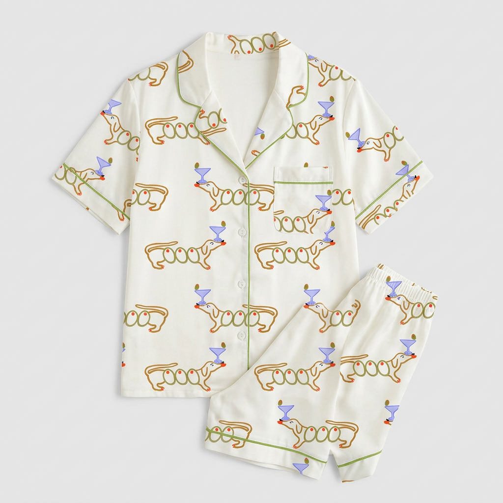 Women's satin pajama set with orange-outlined dachshunds beside lavender martini glasses on white - flat lay