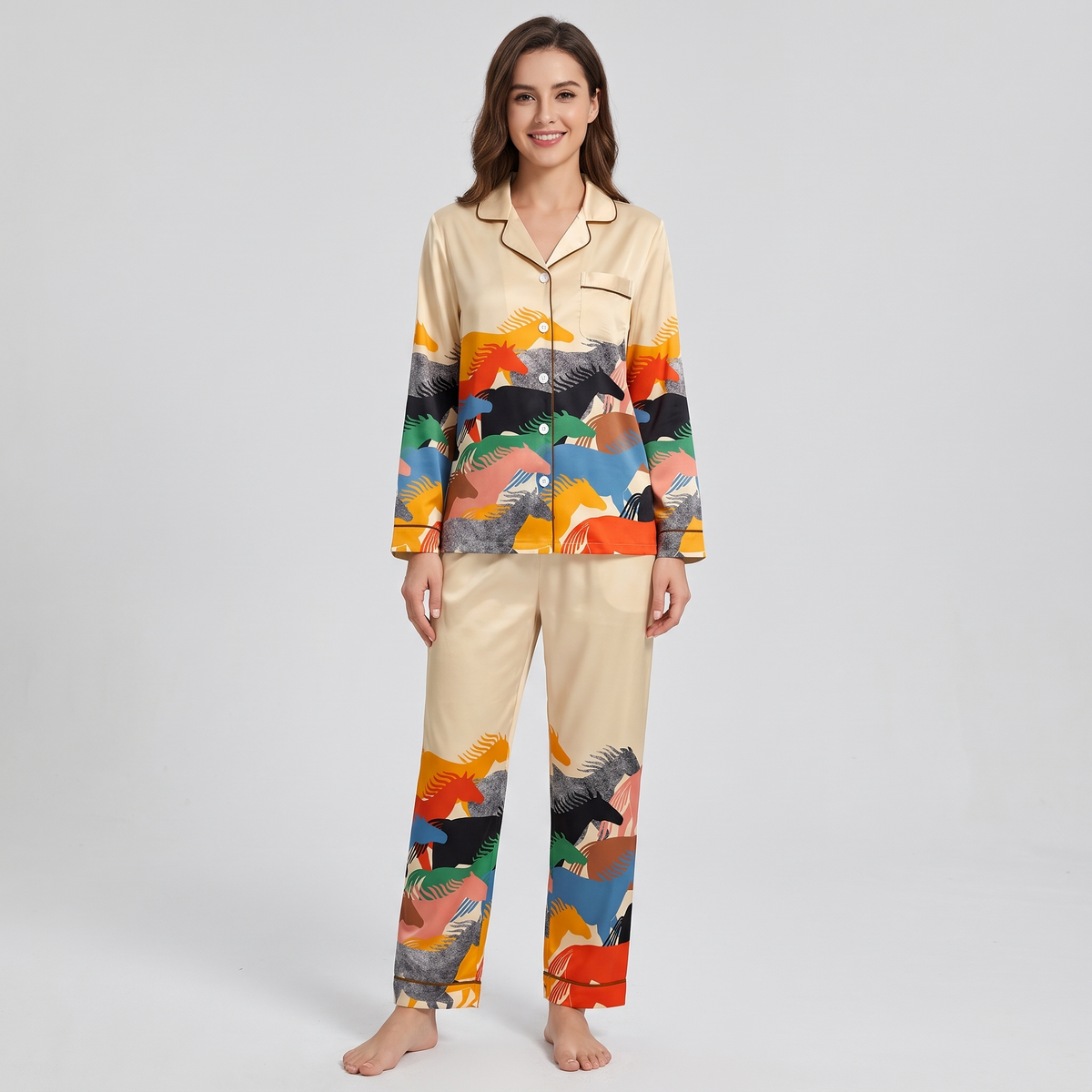 Color Block Stampede Horses Women's Pajama Set - long sleeve and pants