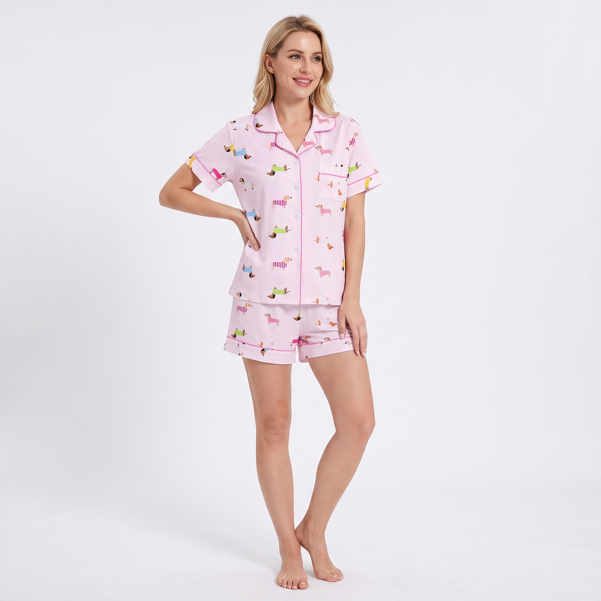 Sweater Weather Dachshunds Women's Pajama Set - Pink - short sleeve and shorts