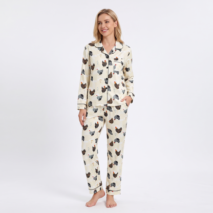 Hen House Women's Pajama Set - Cream Hens - long sleeve and pants