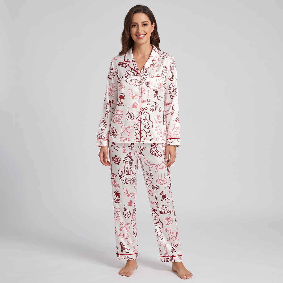 Red Line Art Doodles Women's Pajama Set - long sleeve and pants