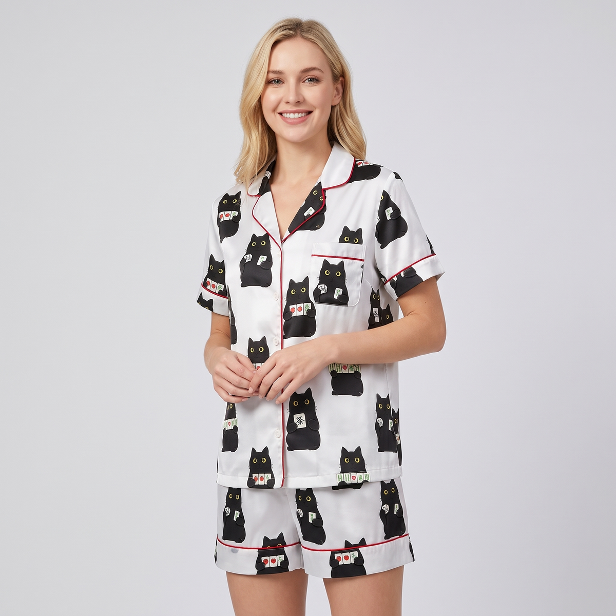 Mahjong Black Cats Women's Pajama Set - short sleeve and shorts