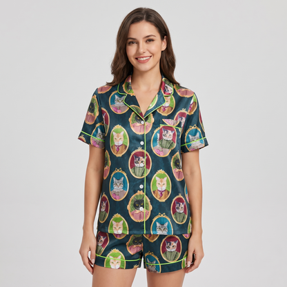 Cat Cameo Portraits Women's Pajama Set - short sleeve and shorts
