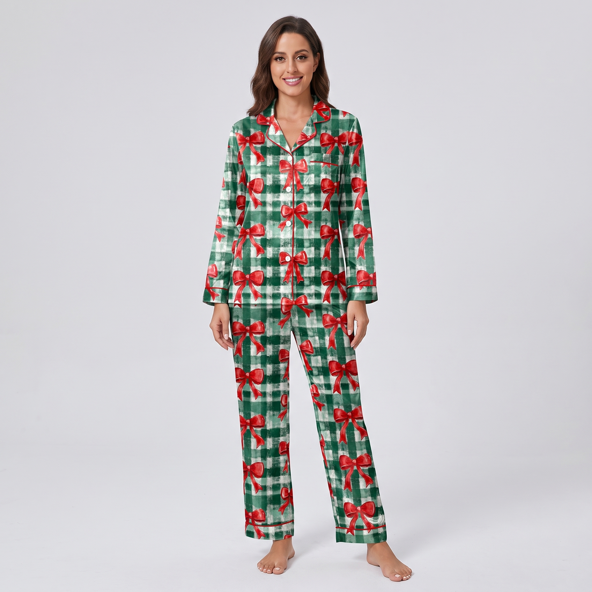 Green Gingham Bows Women's Pajama Set - long sleeve and pants