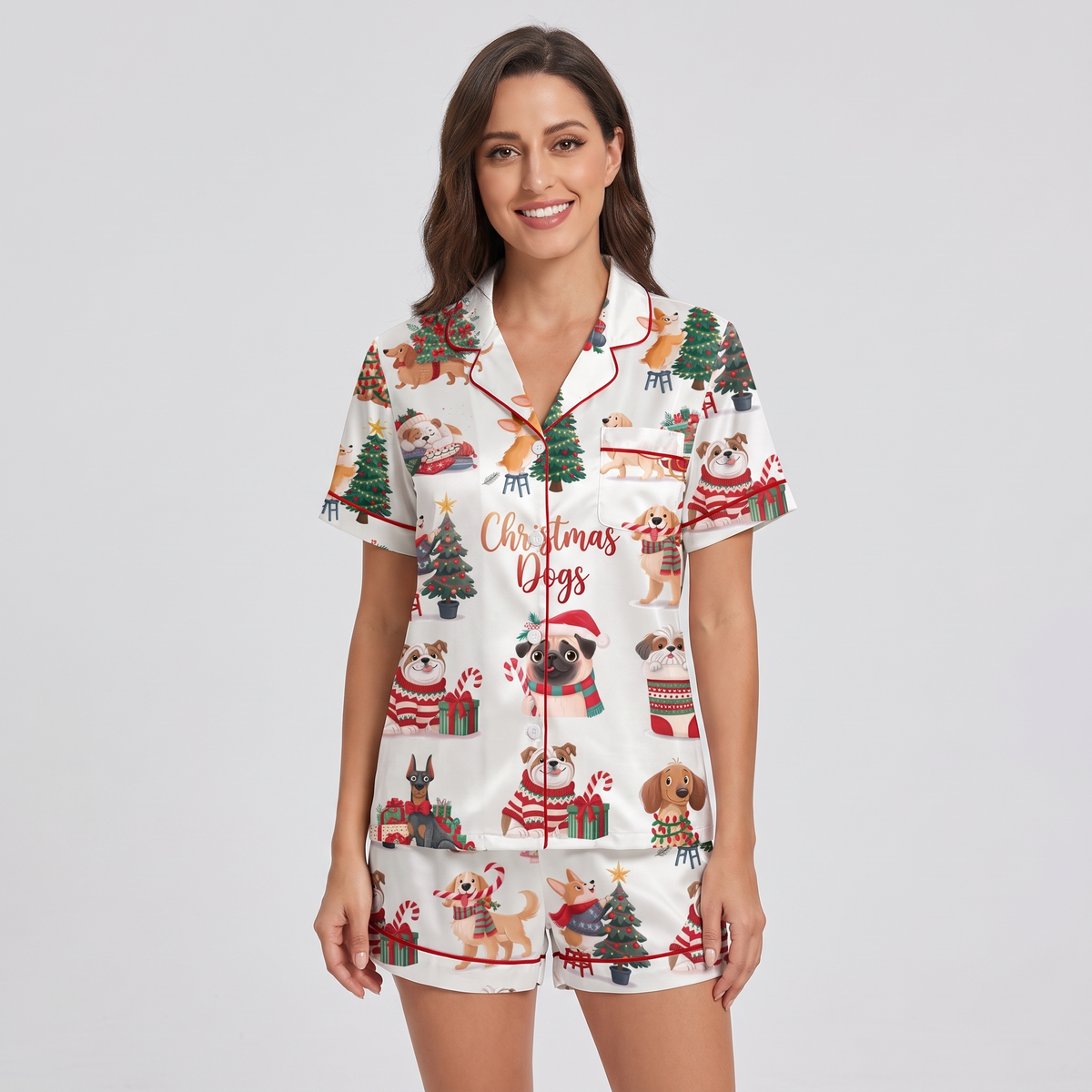 Christmas Pups & Presents Women's Pajama Set - short sleeve and shorts