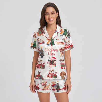 Christmas Pups & Presents Women's Pajama Set - short sleeve and shorts
