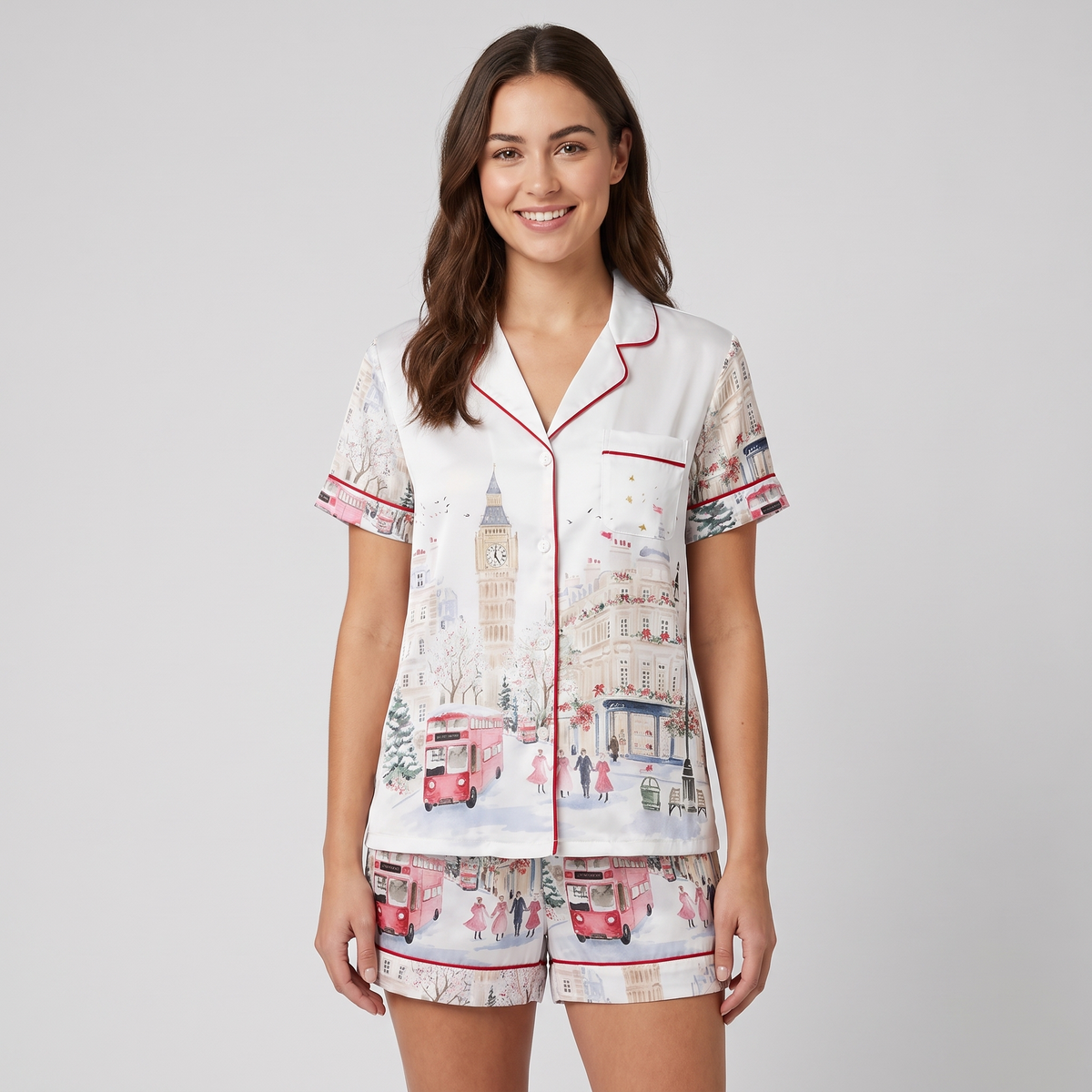 Watercolor London Snow Women's Pajama Set - short sleeve and shorts