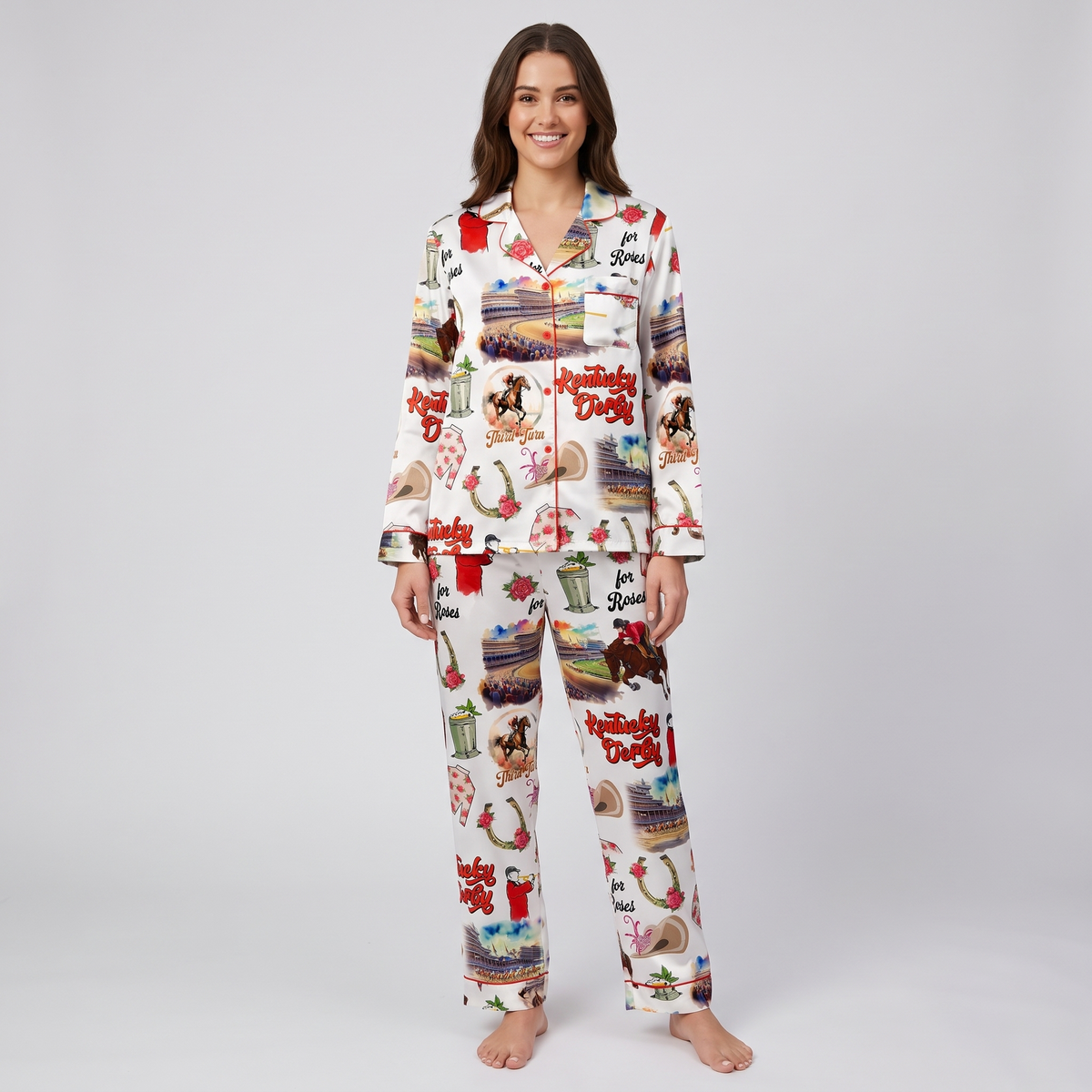 Red Coat Bugler Racetrack Horse Women's Pajama Set - long sleeve and pants