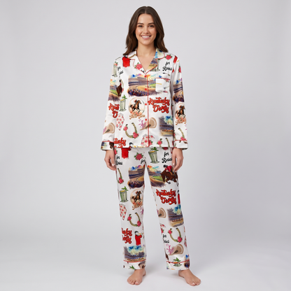 Red Coat Bugler Racetrack Horse Women's Pajama Set - long sleeve and pants