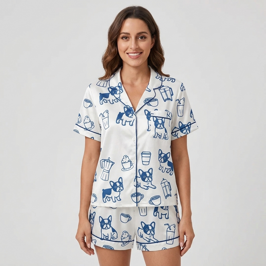 Women's satin pajama set with navy line art French bulldogs, moka pots and iced lattes on white - short sleeve and shorts