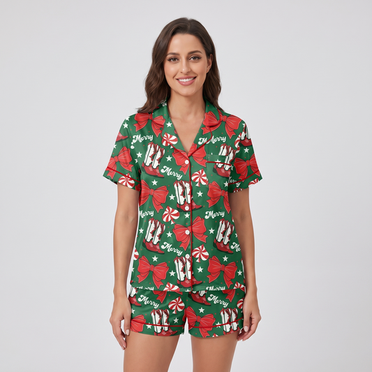 Merry Western Christmas Women's Pajama Set - short sleeve and shorts