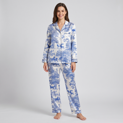 Blue Toile Pasture Horses Women's Pajama Set - long sleeve and pants