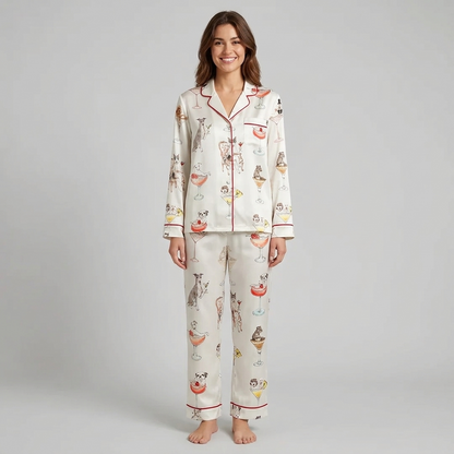 Women's satin pajama set with watercolor dogs in martini, coupe and spritz glasses on white - long sleeve and pants