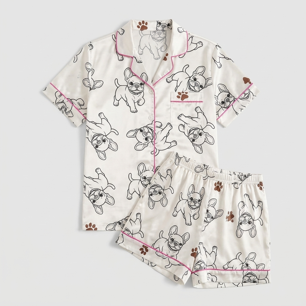 Women's satin pajama set with black line-drawn French bulldogs on white with hot pink piping - flat lay
